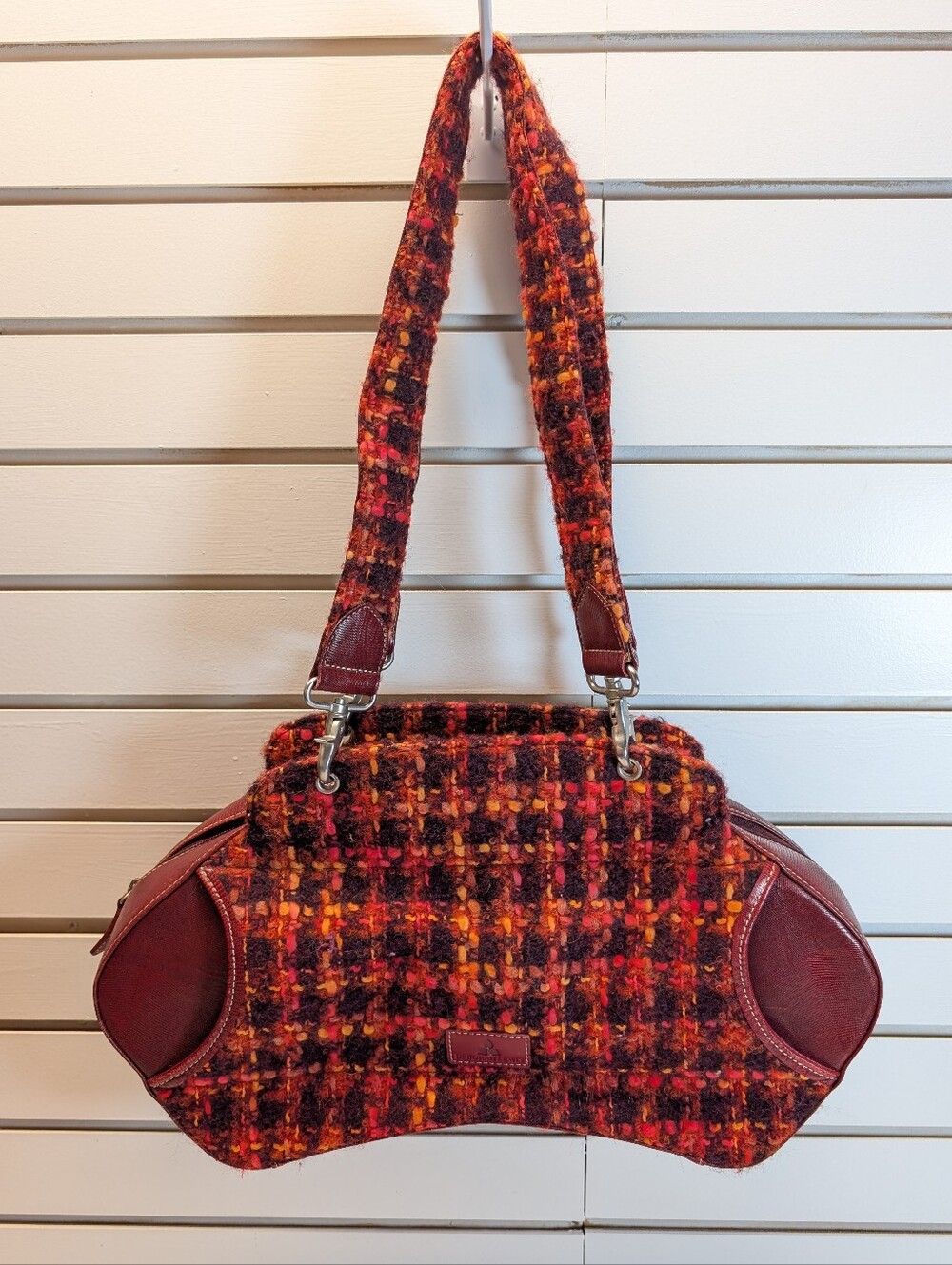 Deborah Lewis Vintage Vaulted Shaped Tweed/Leather Bag EUC